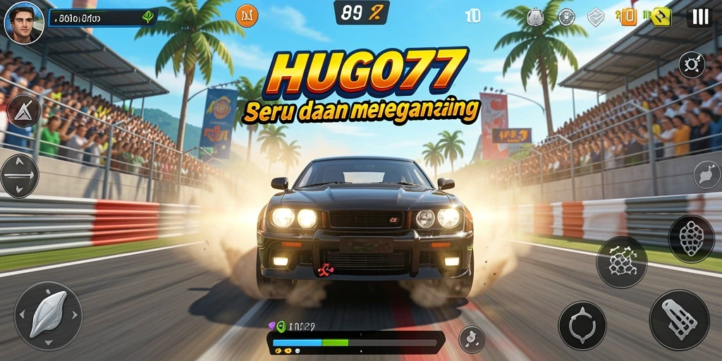 Gameplay HUGO77 menampilkan balapan seru dengan kendaraan yang beragam.