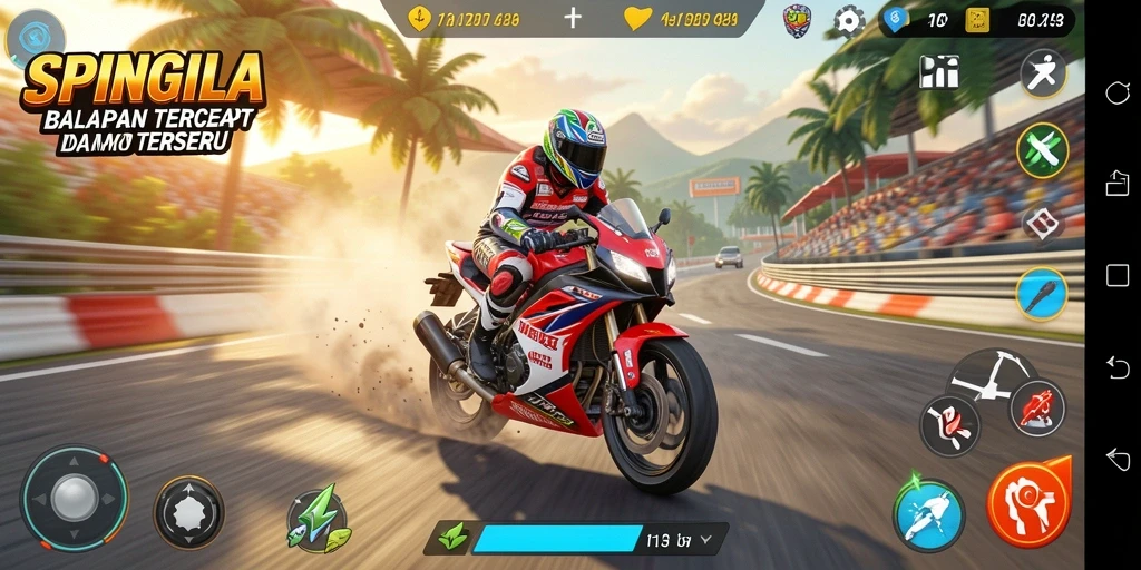 Screenshot gameplay SPINGILA menunjukkan aksi balap motor yang mendebarkan.