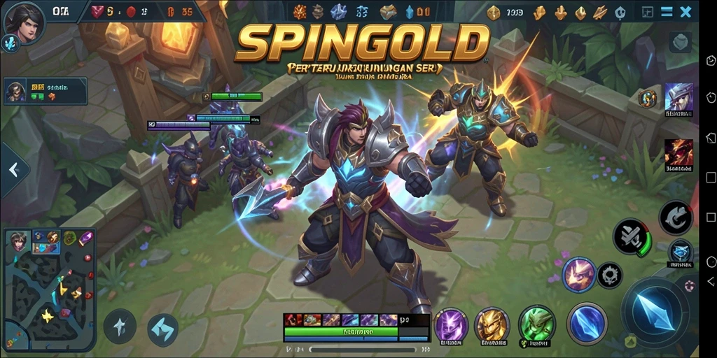 Screenshot gameplay SPINGOLD menunjukkan pertempuran MOBA yang dinamis dan seru.